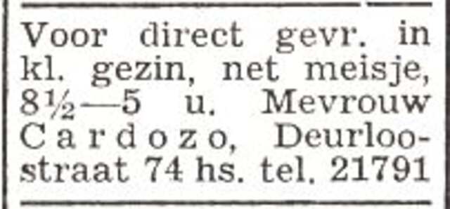Advertentie van mw. Evalina Cardozo