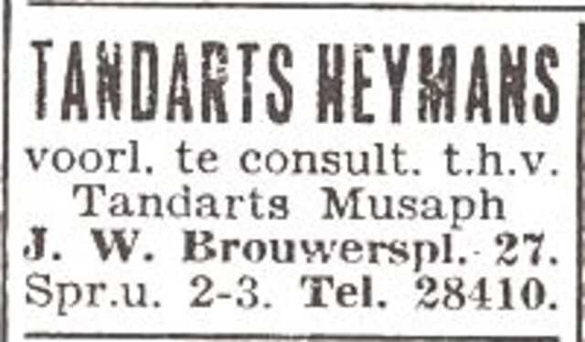 Advertentie van de tandartsen Heymans en Musaph