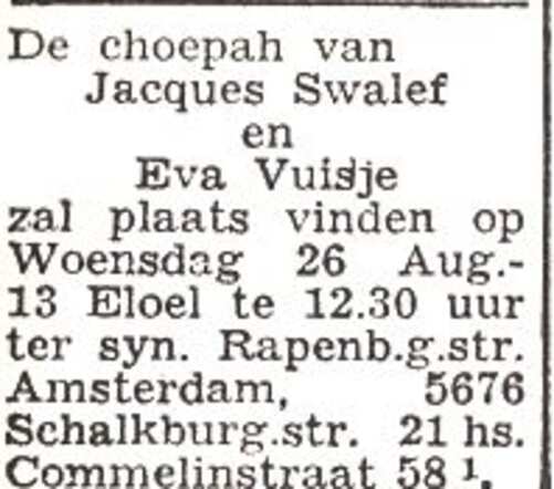 Aankondiging van de huwelijksinzegening van Zacharias Joseph Swalef en Eva Vuisje
