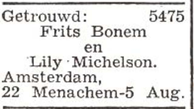 Bekendmaking van het huwelijk van Frits Bonem en Evelina Sophia Michelson