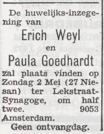 Aankondiging van de huwelijksinzegening van Isaak Erich Weijl en Paula Goedhardt