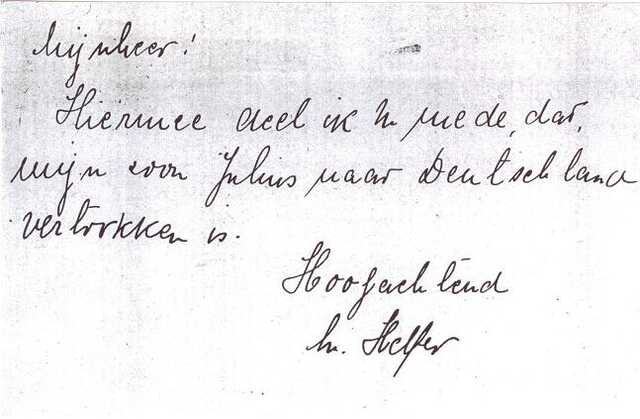 Briefje van Siegfried Helfer over het vertrek van zijn zoon Julius naar Duitsland
