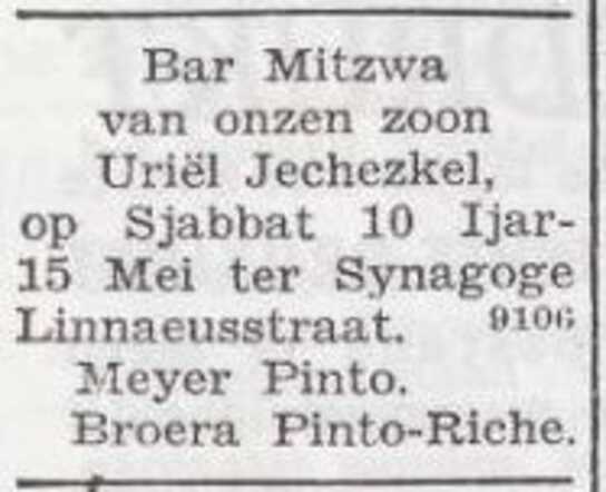 Aankondiging van de bar mitswa van Uriël Ezechiel Pinto