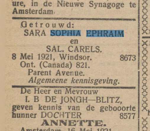 Familiebericht huwelijk Sara Sophia Ephraim en Salomon Carels uit het Nieuw Israelietisch weekblad 20-05-1921