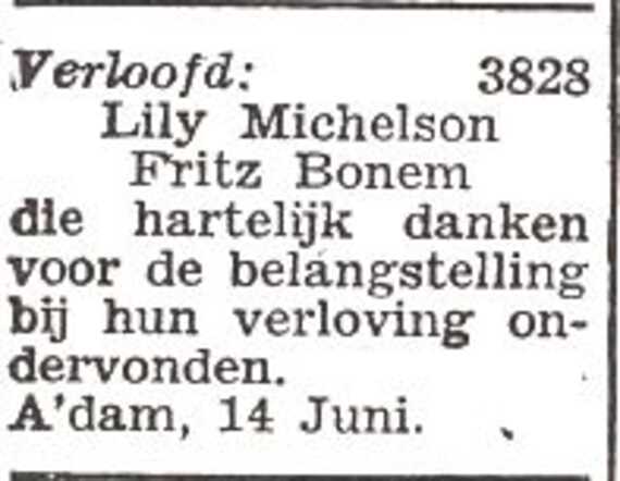 Vermelding van de verloving van Fritz Bonem en Evelina Sophia (Lily) Michelson