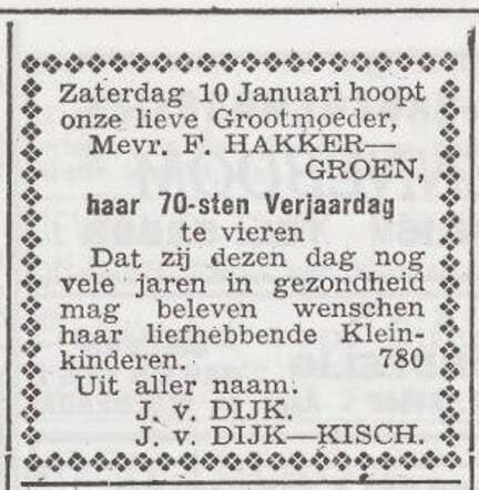 Viering van de 70ste verjaardag van Femmina Hakker-Groen