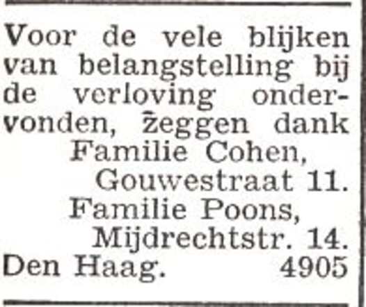 Dankbetuiging van de families Cohen en Poons