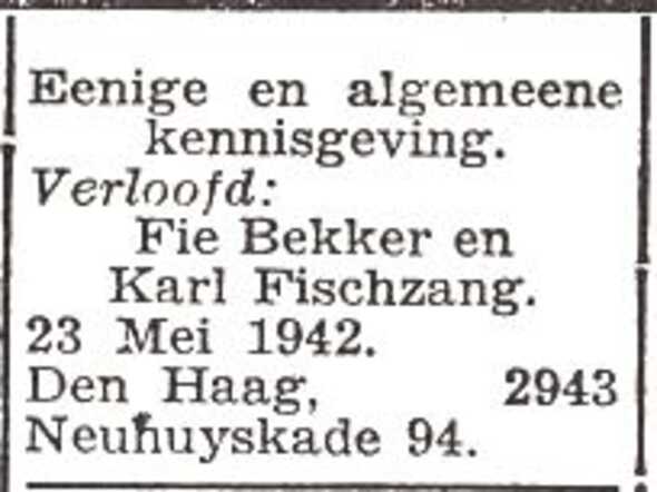 Vermelding van de verloving van Hanna Roza Bekker en Kalman Fischzang