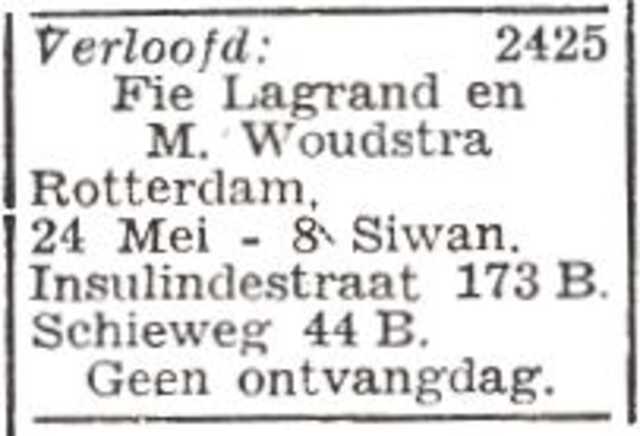 Vermelding van de verloving van Sophie Lagrand en Manus Woudstra