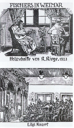 Houtsneden van Rudolf Riege  met Emil Fischer's eerste vrouw Lily. Gemaakt begin 20'er jaren.