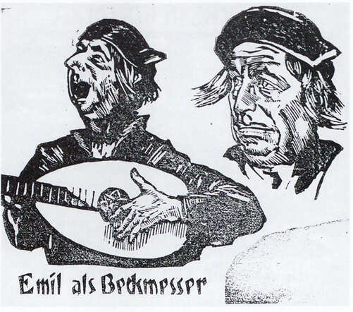 Houtsnede van Rudolf Riege met Emil Fischer. Gemaakt begin 20'er jaren.