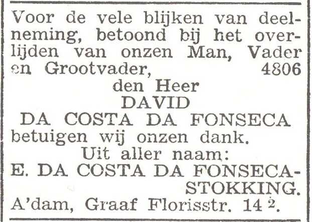 Dankbetuiging bij overlijden van David da Costa da Fonseca