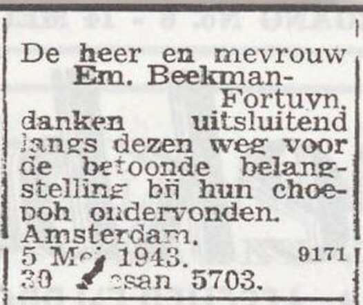 Dankbetuiging van het echtpaar Emanuel en Elisabeth Beekman