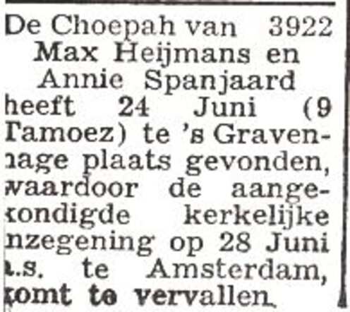 Vermelding van de huwelijksinzegening van Max Heijmans en Anna Eleonora Fortunata Spanjaard