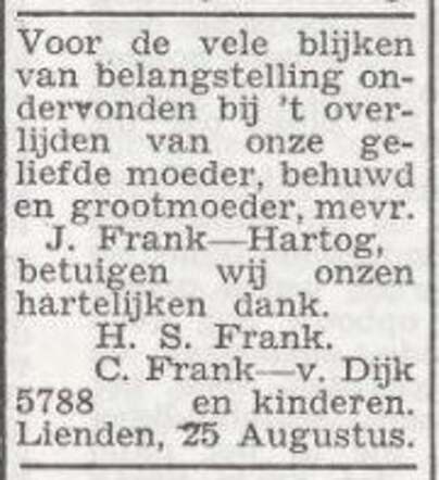 Dankbetuiging van de familie Frank