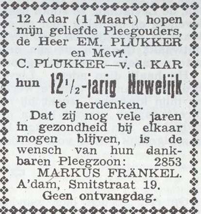 Aankondiging huwelijksjubileum van de pleegouders van Markus Fränkel