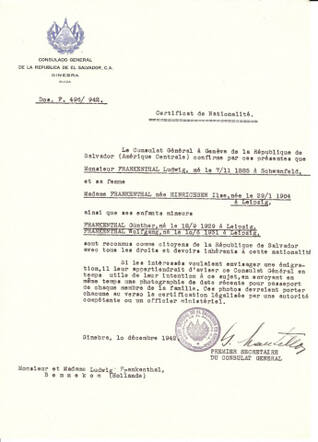 Ongeauthoriseerd bewijs van El Salvadoriaanse nationaliteit voor Ludwig Frankenthal en zijn gezin
