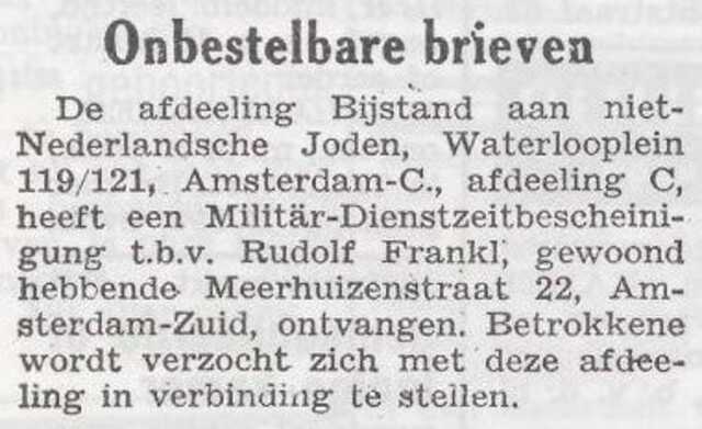 Brief voor Rudolf Frankl