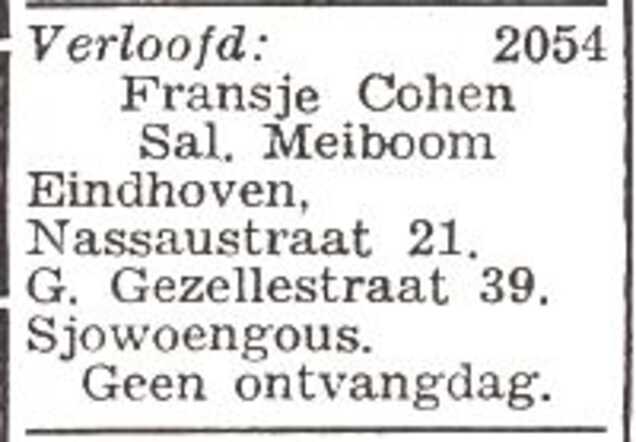 Vermelding van de verloving van Salomon Meiboom en Franziska Emile (Fransje) Cohen