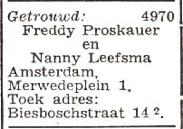 Bekendmaking van het huwelijk van Alfred Richard Proskauer en Nanny Leefsma
