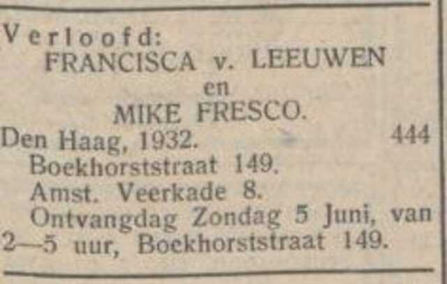 Advertentie van Meijer en Francisca Fresco-van Leeuwen.