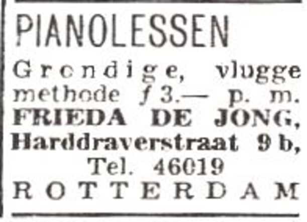Advertentie van pianolerares Elisabeth Frederika de Jong