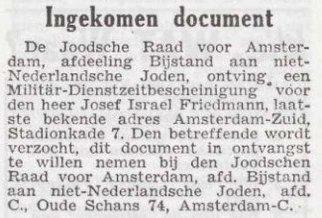 Mededeling van de Joodse Raad voor Josef Friedmann