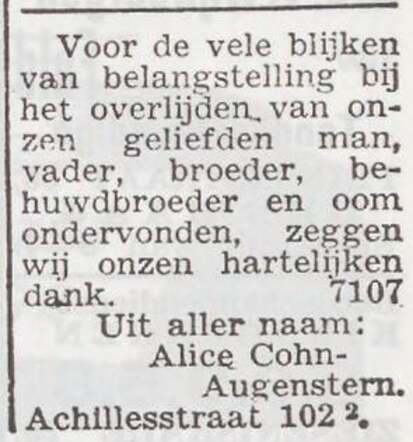 Dankbetuiging van de familie Cohn