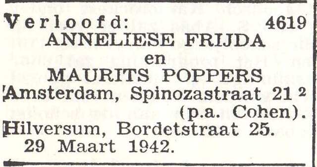 Vermelding van de verloving van Maurits Poppers en Anneliese Frijda