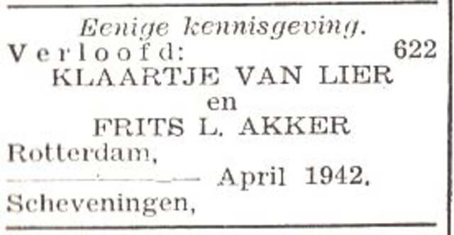 Vermelding van de verloving van Frits Leo Akker en Klaartje van Lier
