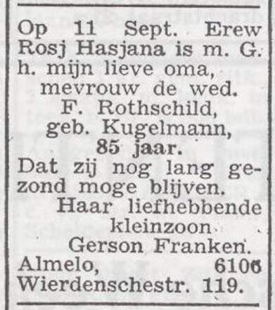 Aankondiging van de 85ste verjaardag van Frommet Rothschild-Kugelmann