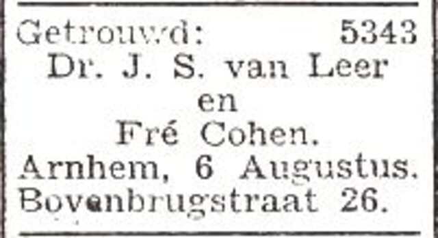 Bekendmaking van het huwelijk van Isaäc Simon van Leer en Froukje Cohen