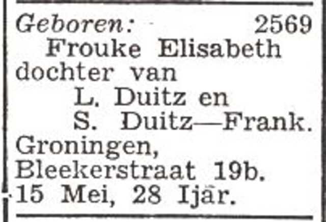 Vermelding van de geboorte van Frouke Elisabeth Duitz