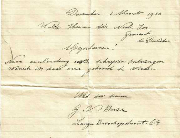 Brief Godfried van Bever aan kerkbestuur 1-3-33