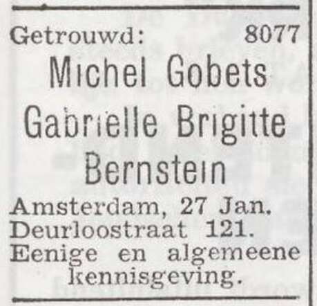 Bekendmaking van het huwelijk van  Michel Gobets en Gabrielle Brigitte Bernstein