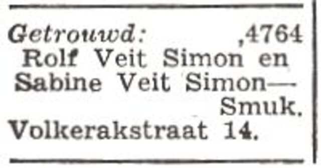 Bekendmaking van huwelijk van Rolf Gabriel Veit Simon en Sabine Smuck