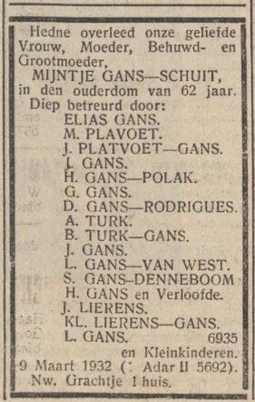 Overlijden van Mijntje Gans-Schuit. 11-03-1932, NIW