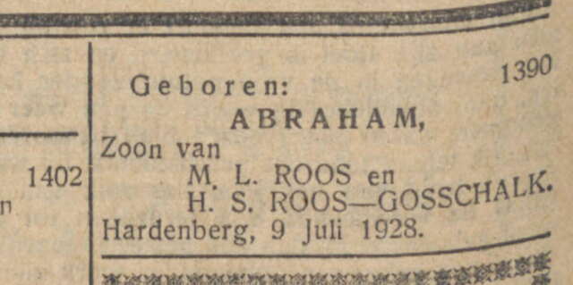 Geboorte Bram Roos in NIW 13-7-1928
