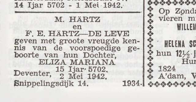 Aankondiging geboorte Eliza Hartz in Joodsch Weekbl.8-5-1942