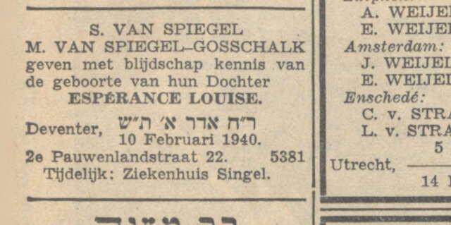 Geboorte Esperance louise van Spiegel in NIW 16-2-1940