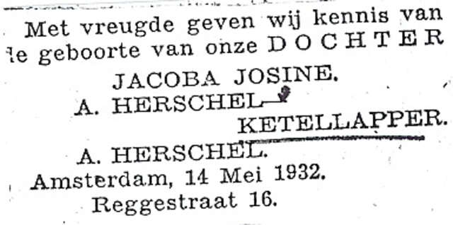 Geboorteadvertentie van het echtpaar Harschel-Ketellapper voor hun dochter Jacoba Josine