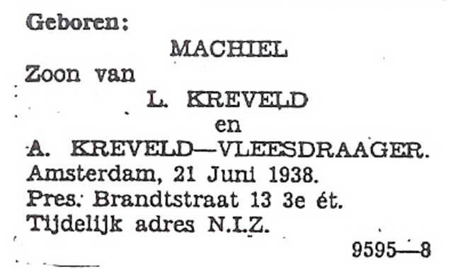 Geboorteadvertentie van het echtpaar Kreveld-Vleeschdrager voor hun zoon Machiel