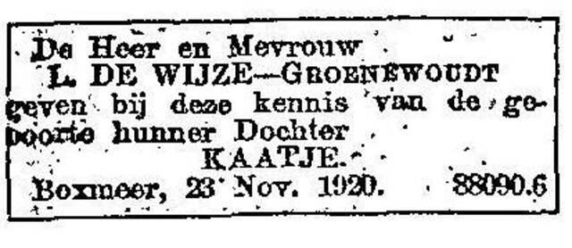 Geboorteadvertentie van Kaatje (Kitty) de Wijze