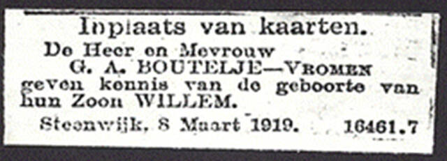 Geboorteadvertentie van Willem Boutelje