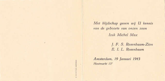 Geboortekaartje van Izak Michel Max Rosenbaum