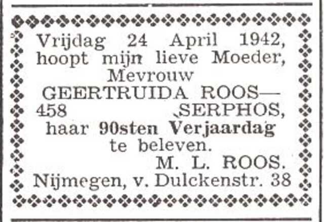 Aankondiging van de viering van de 90ste verjaardag van mw. Geertruida Roos-Serphos