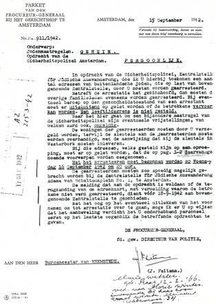 Geheime brief van 15 sept. 1942 gericht aan de burgemeester van Heemstede inzake arrestatie van uit het buitenland (lees: Duitsland) gevluchte joodse Heemstedenaren (Bron: Hans Krol, Heemstede. Uit: weblog Libreriana)