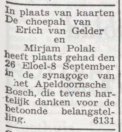 Bekendmaking van de huwelijksinzegening van Erich van Gelder en Mirjam Polak