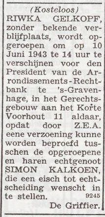 Oproep voor Riwka Kalkoen-Gelkopf
