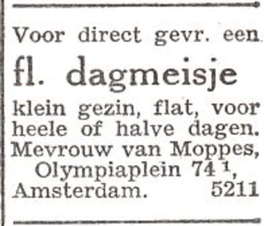 Advertentie van mw. Lize Geertruida van Moppes-Gersons